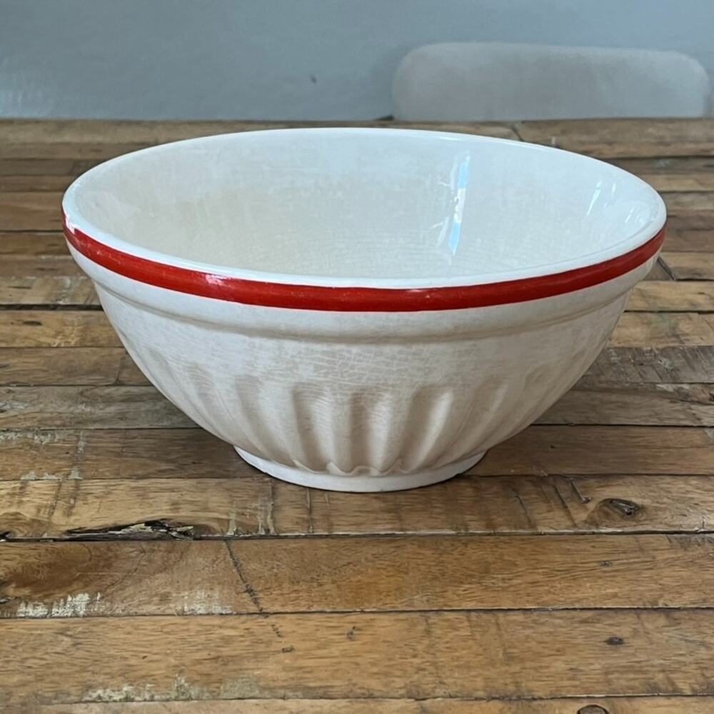 Vintage Bake Oven White Ceramic Mixing Bowl Red Trim 9" Fluting Design